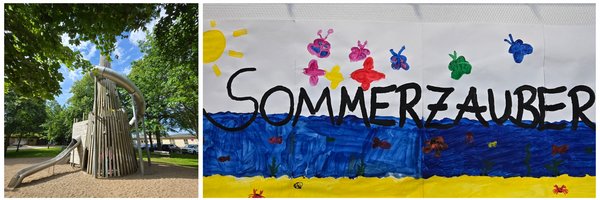 Collage der Aktivitäten im Rahmen der Ferienbetreuung, wie z. B. das gemeinsame Frühstück, Besuche auf dem Spielplatz und den Königswiesen sowie selbst gestaltetes Plakat mit der Aufschrift "Sommerzaube".