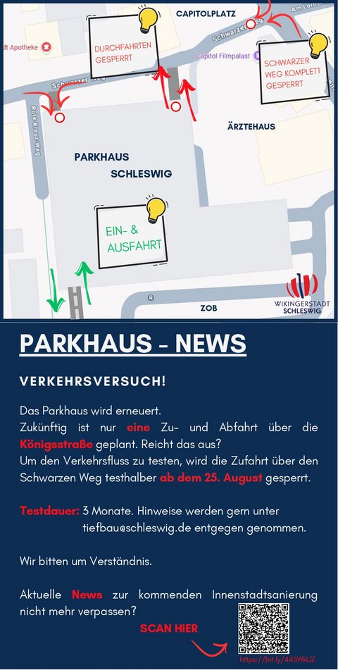 Übersichtsskizze zum Verkehrsversuch im Parkhaus mit einer Kurzfassung der Hinweise aus der Pressemitteilung