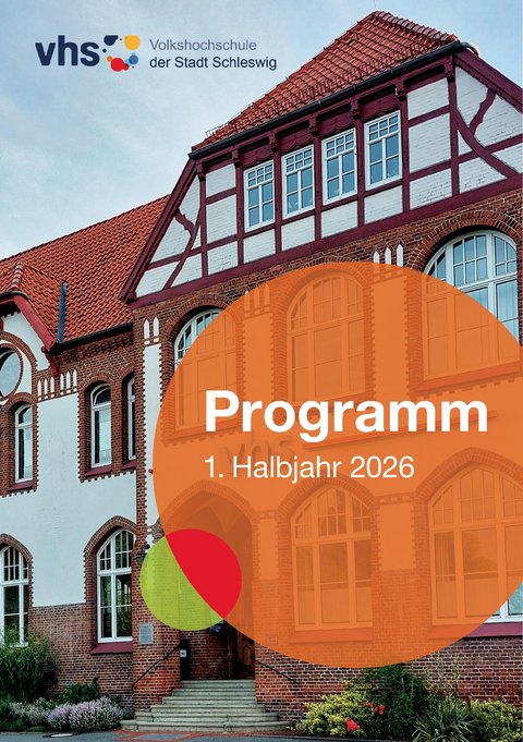 Titelseite vhs Programmheft mit dem vhs-Gebäude und einem Kreis Programm 1. HJ 2026