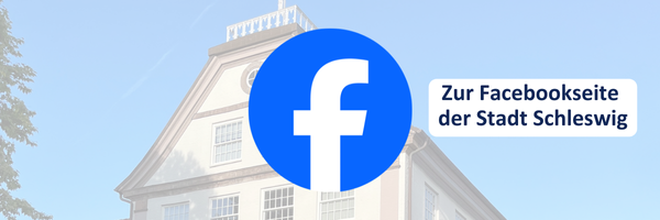 Die Grafik zeigt im Hintergrund das Rathaus der Stadt Schleswig. Im Vordergrund ist das Logo von Facebook mit dem Schriftzug "Zur Facebookseite der Stadt Schleswig" zu sehen.